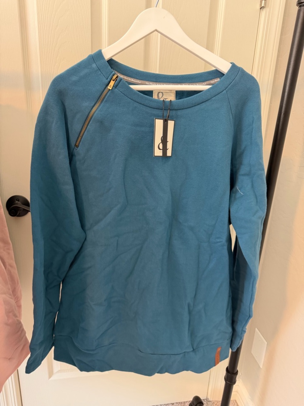 AMPERSAND AVE Teal Zip-Accent Crewneck Sweater